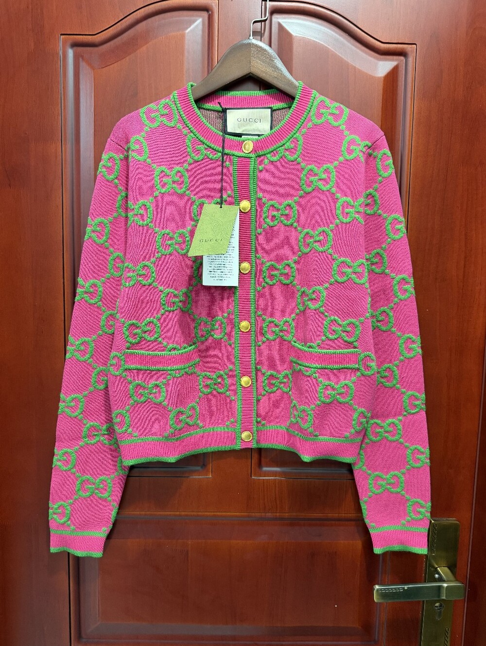 Gucci Pink and Green GG Crew Neck Cardigan Sweater
